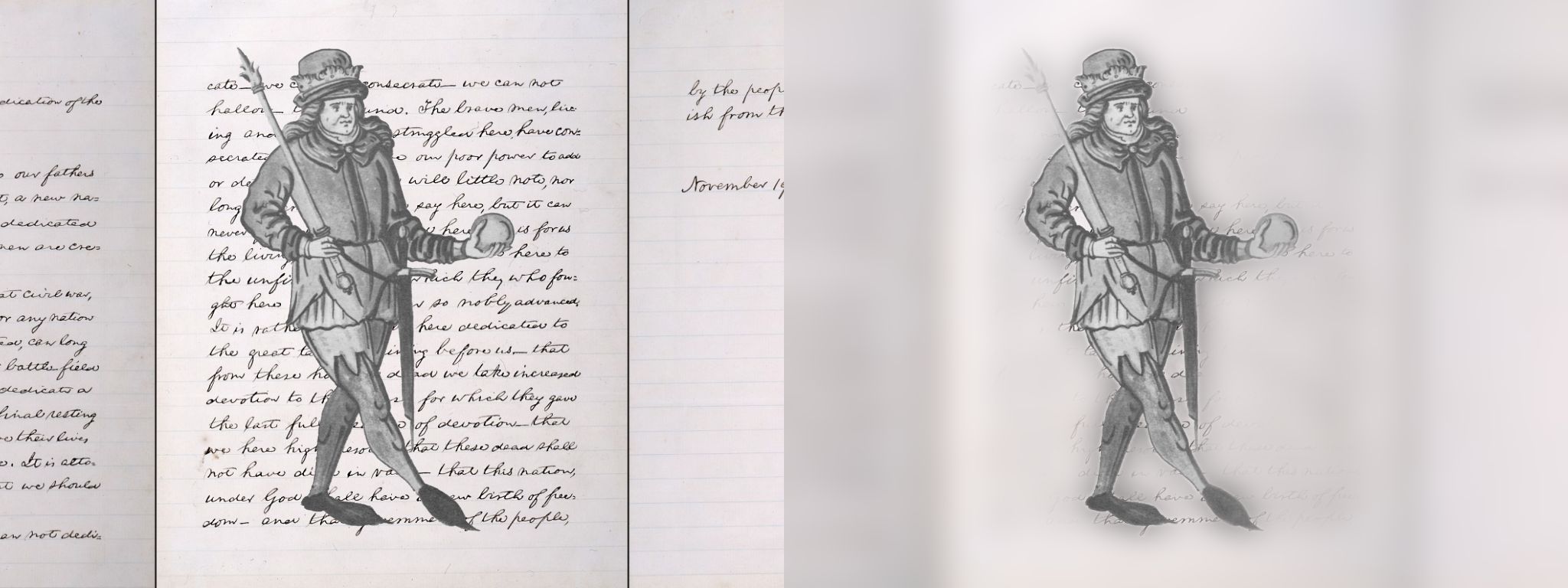A drawn figure on a page of handwriting, and the same picture with the handwriting blurred