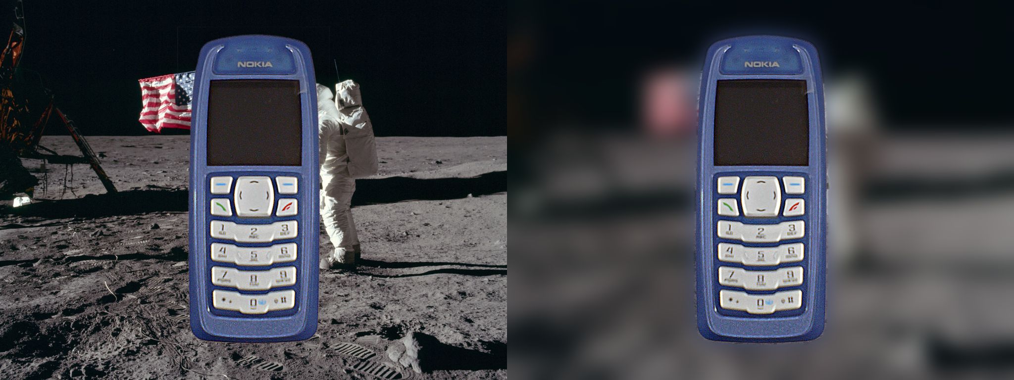 A phone placed on a lunar photograph, and the same picture with the lunar background blurred and the phone sharp