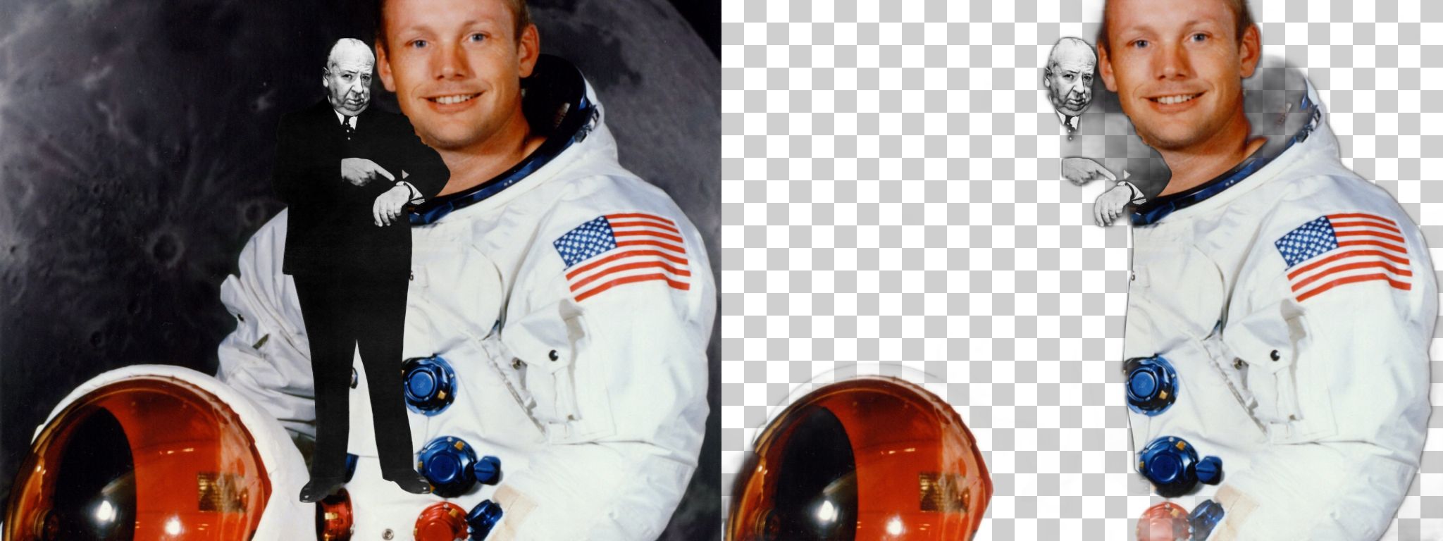 A small cutout of a man placed on a large portrait of an astronaut, and the result keeping the astronaut instead