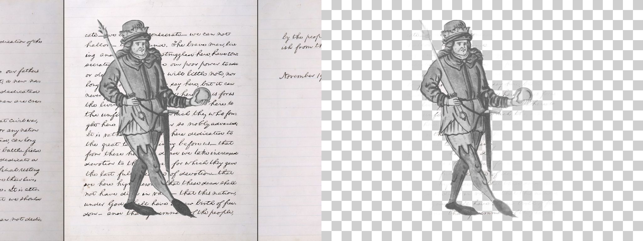A medieval figure placed on a page of handwriting, and the same picture with the page removed