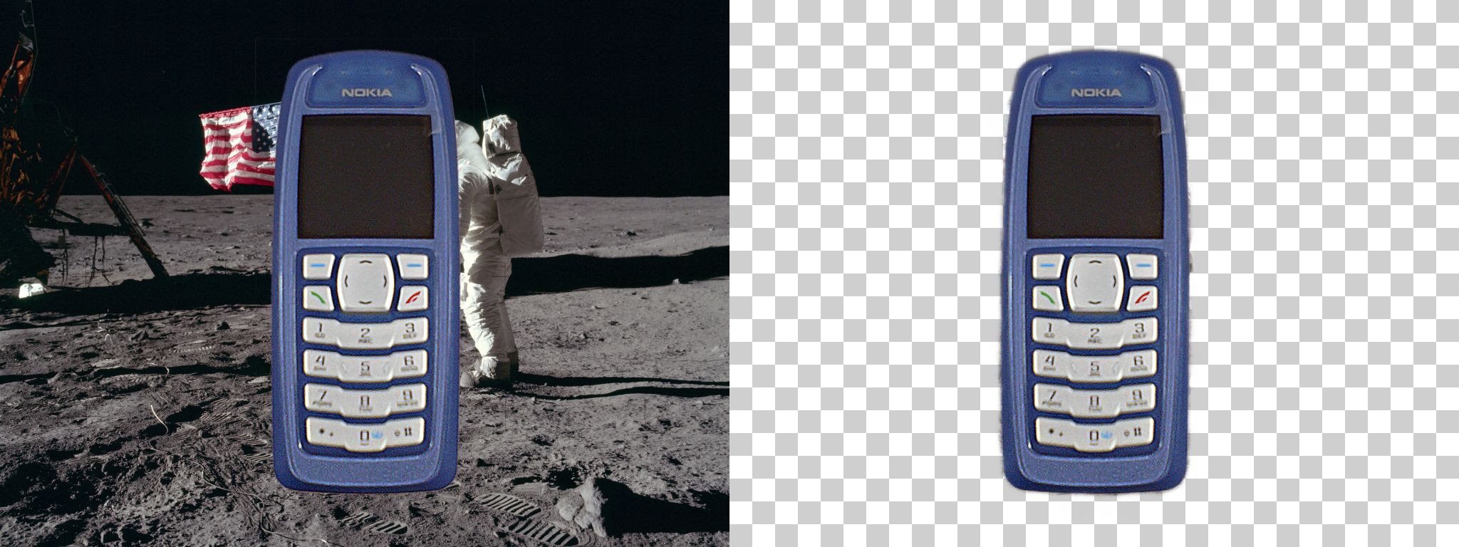 A phone cutout placed on a photograph of the Moon, and the same picture with the background removed on a checkered transparent background