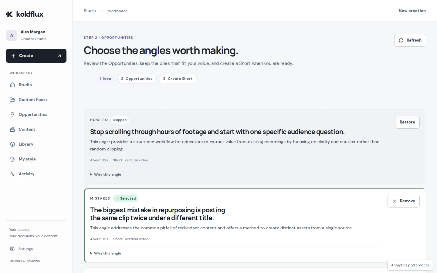 Koldflux Studio: choosing which angles (Opportunities) to turn into Shorts before anything is generated