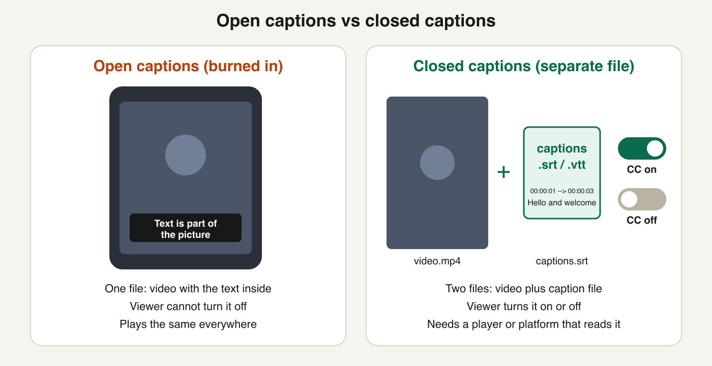 Side by side diagram. Left, open captions: one video file with the caption text drawn inside the picture, the viewer cannot turn it off, and it plays the same everywhere. Right, closed captions: a video file plus a separate caption file in SRT or VTT format, with CC on and CC off toggles, which needs a player or platform that reads the file.