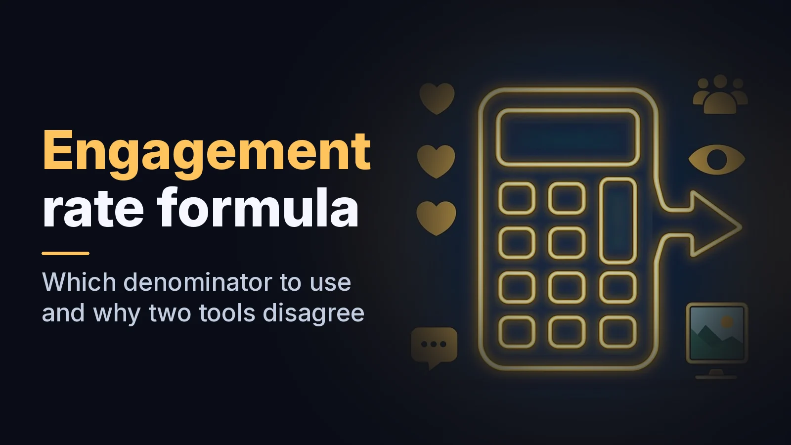 A social media post with engagement icons compared to three percentage bars of different lengths, with a glowing calculator.