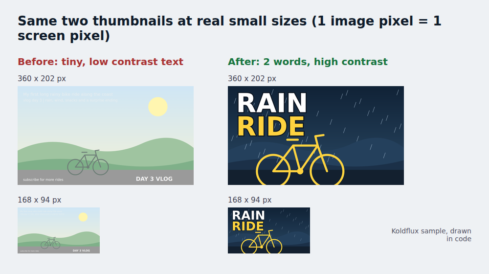 Side by side at real pixel size: the weak sample at 360 by 202 and 168 by 94 pixels with unreadable pale text, and the improved sample at the same sizes with RAIN RIDE clearly legible.