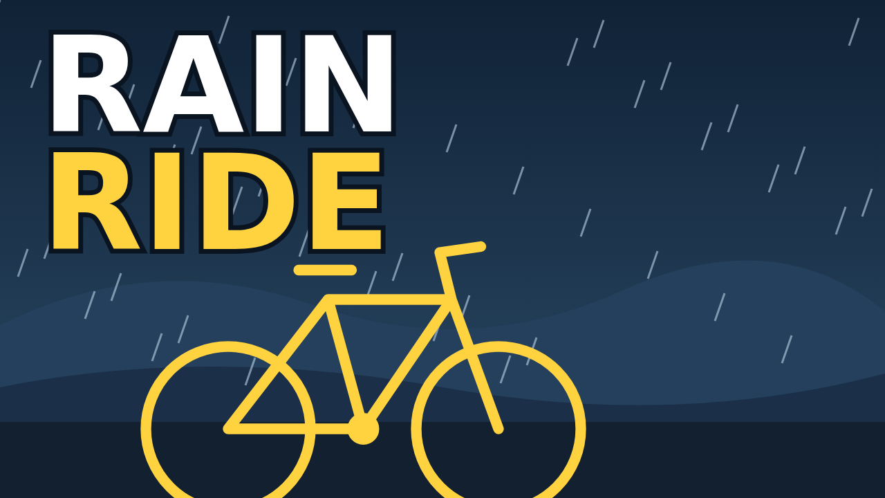Improved thumbnail sample 1280 by 720: a dark blue rainy scene with a large yellow bicycle and the words RAIN in white and RIDE in yellow, each about 190 pixels tall with a dark outline.