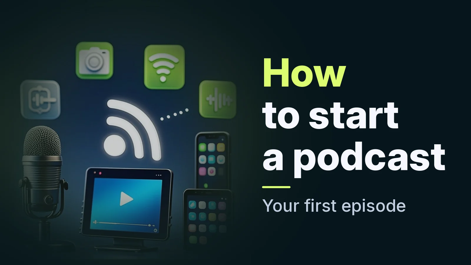 A podcast microphone connected by a path to an RSS icon, server, and directory grid, showing podcast publishing steps.