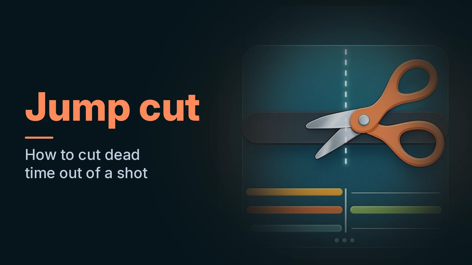 Glowing scissors cutting dead time from a video timeline, leaving two trimmed clips meeting at a visible seam.