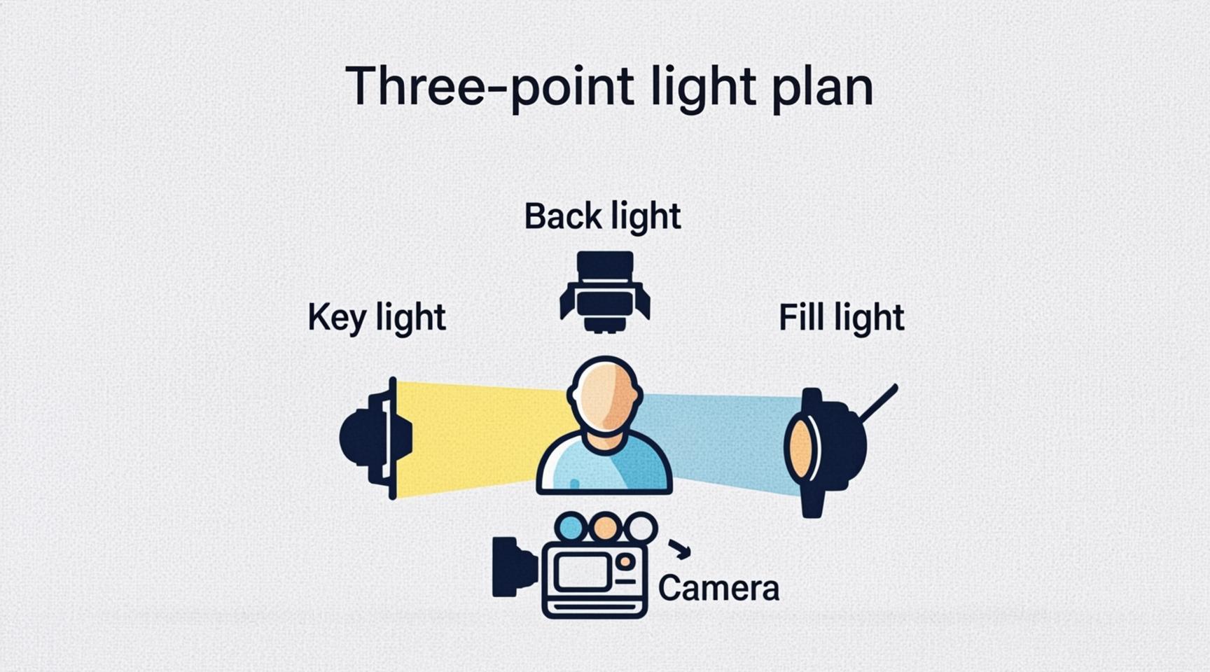 Top-down lighting plan: a seated person in the center, a camera in front, a key light on the left, a fill light on the right and a back light behind the person.