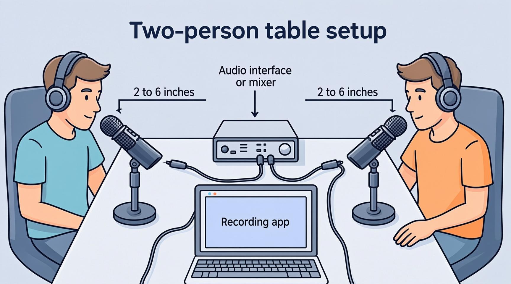Two people facing each other across a table, each wearing headphones with a microphone in front of their mouth marked 2 to 6 inches. Both microphones connect to an audio interface or mixer in the middle, which connects to a laptop whose screen shows a Recording app.
