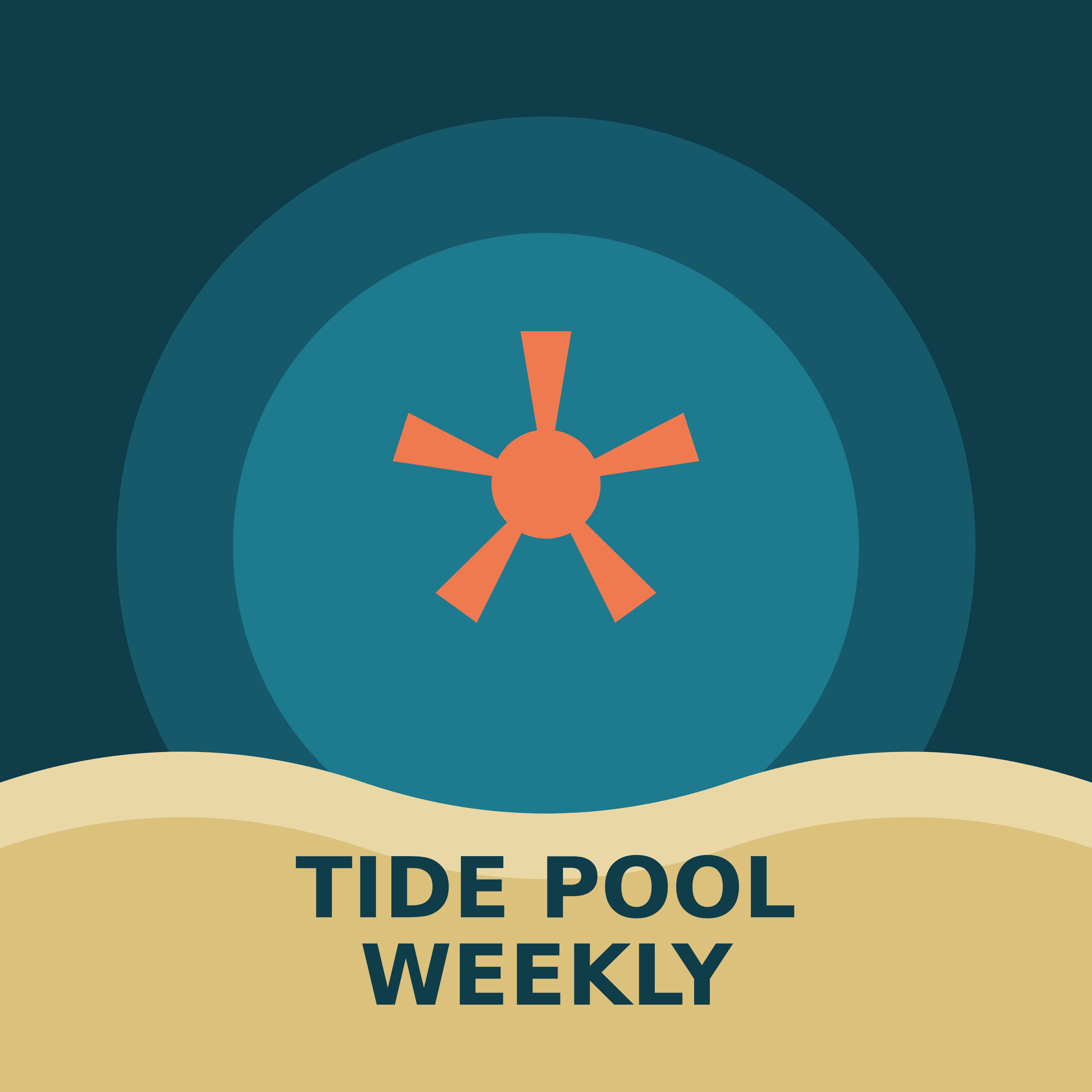 Square podcast cover drawn in code: a coral five-armed sea star on teal concentric circles above a sand-colored shoreline, with the words TIDE POOL WEEKLY in dark teal.