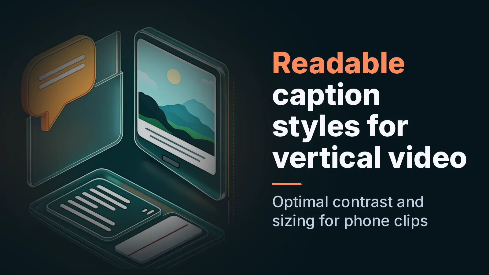 Vertical video screen with a black-outlined caption inside an 80% width dashed boundary and a glowing speech bubble symbol.