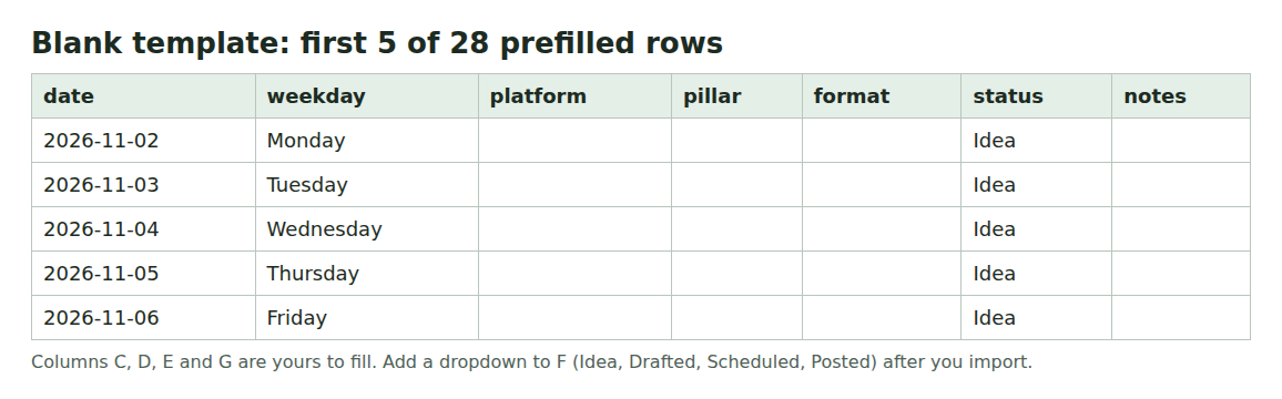 Preview of the blank template: a header row with the seven columns date, weekday, platform, pillar, format, status and notes, and five rows with dates and weekdays filled in and the status Idea