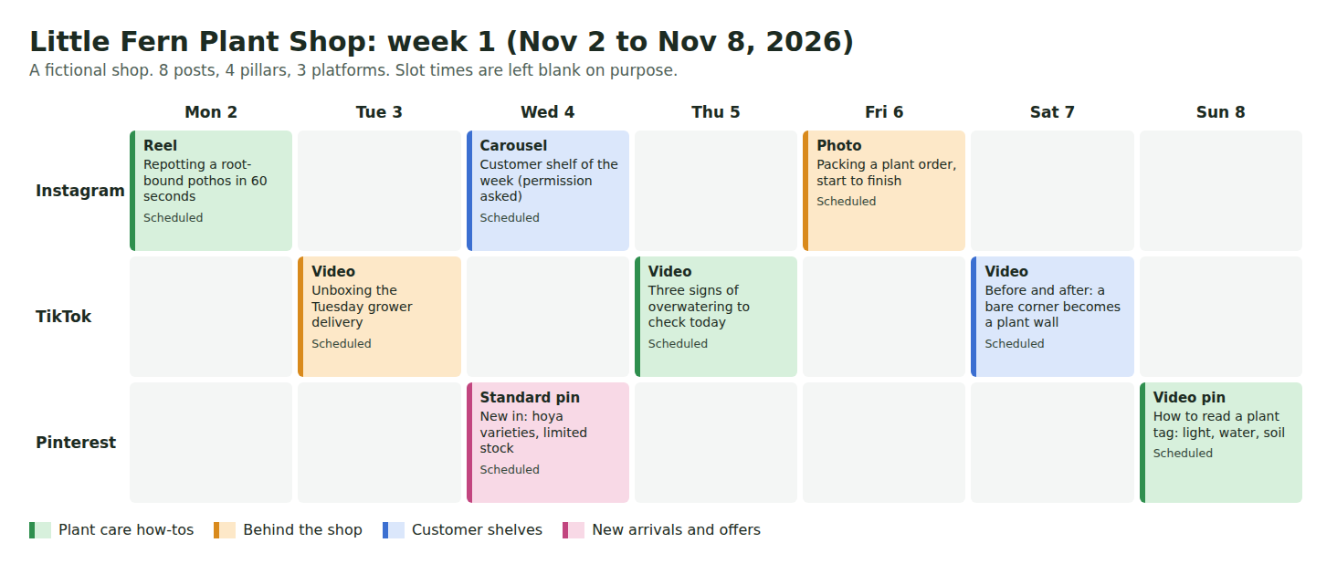 Week 1 of a sample content calendar for a fictional plant shop: a grid of Instagram, TikTok and Pinterest rows against Monday to Sunday, with eight colored post cards in four pillar colors, each showing a format, an idea and the status Scheduled