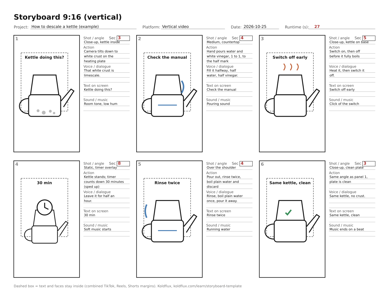 Filled-in 9:16 storyboard of six panels for a kettle descaling video: crust in the kettle, pouring water and vinegar, heating, a 30 minute timer, rinsing, and a clean kettle, with seconds 3, 4, 5, 8, 4 and 3 and a runtime of 27