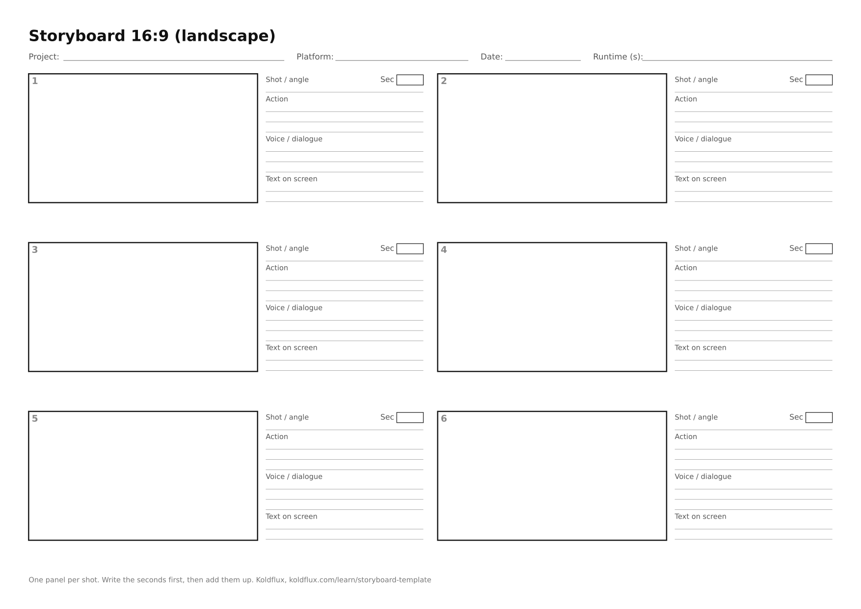 Blank 16:9 landscape storyboard sheet on A4 paper: six numbered frames, each with lines for shot, action, voice and on-screen text and a box for seconds