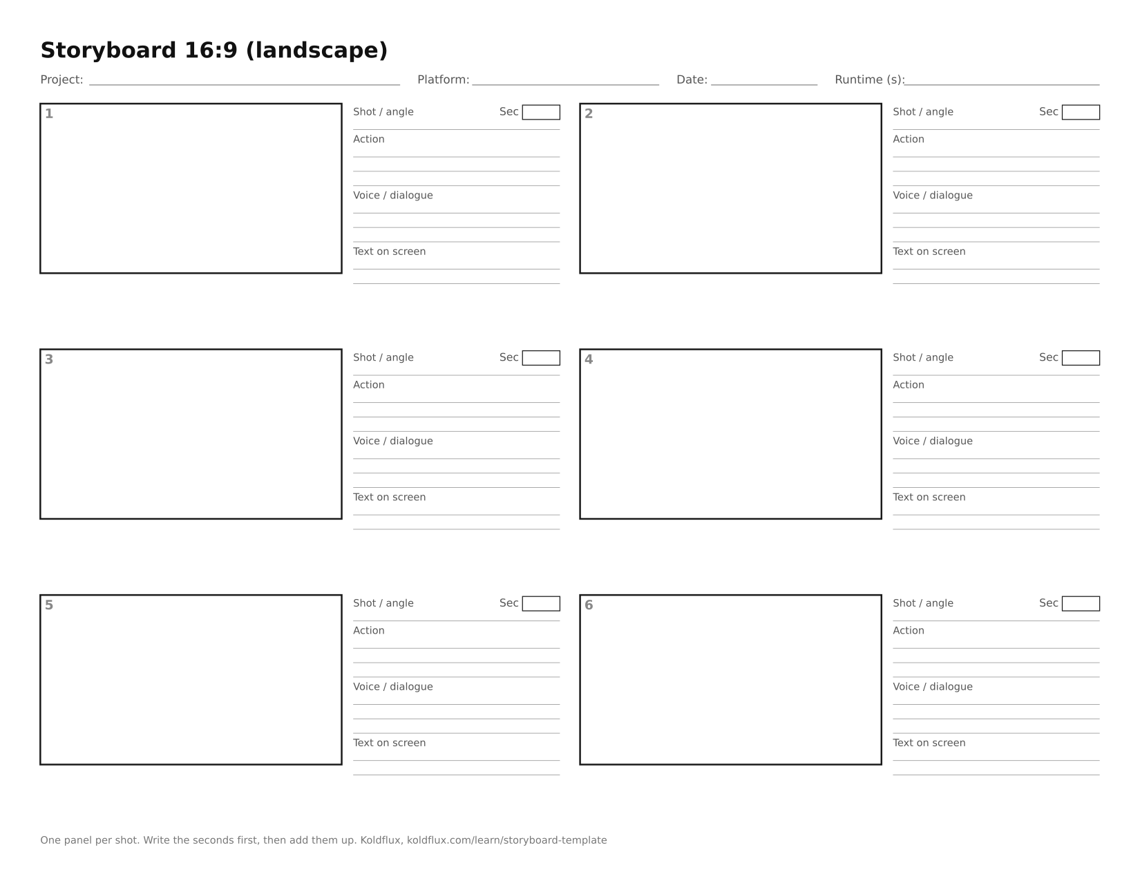 Blank 16:9 landscape storyboard sheet on US Letter paper: six numbered frames, each with lines for shot, action, voice and on-screen text and a box for seconds