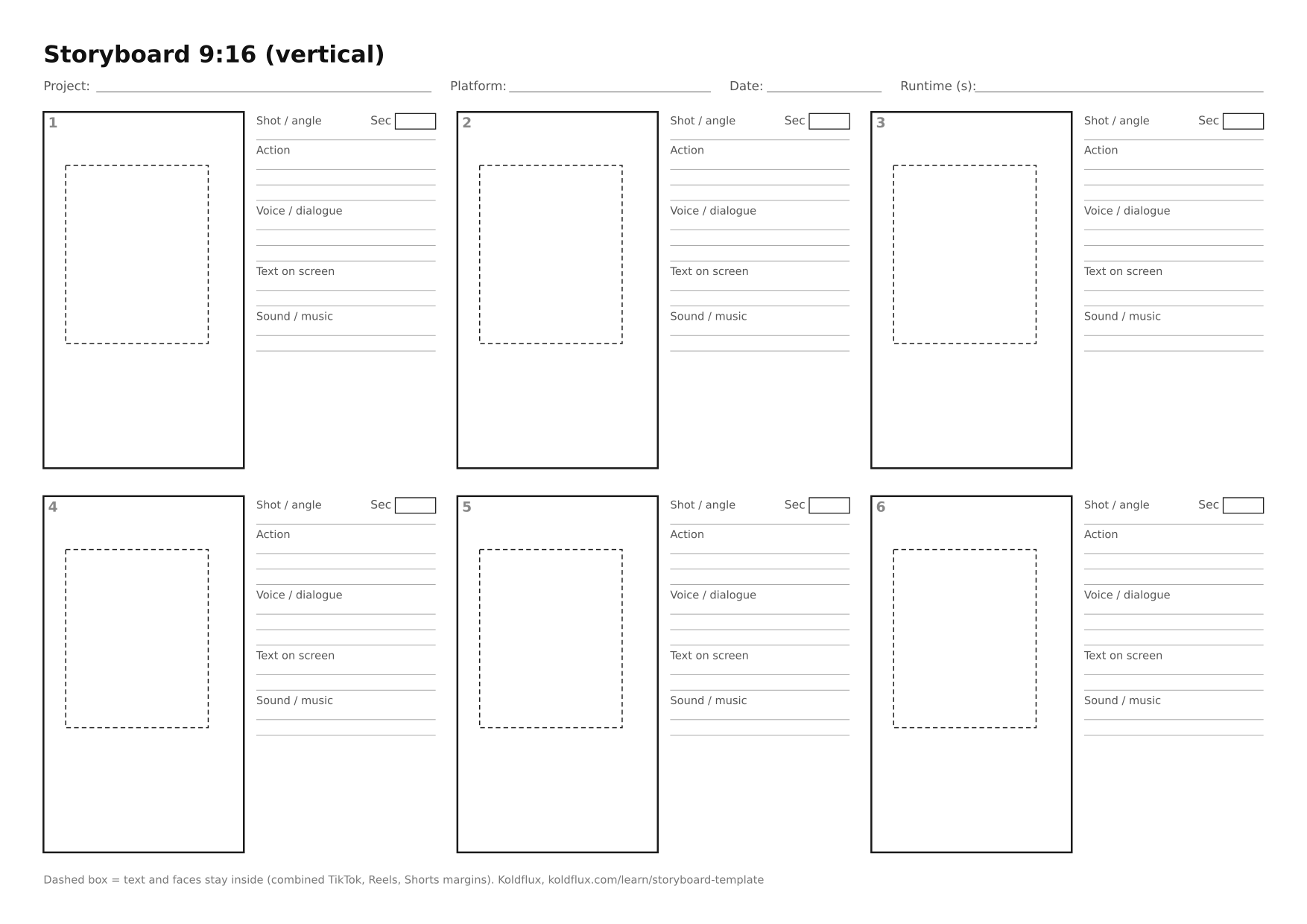 Blank 9:16 vertical storyboard sheet on A4 paper: six numbered frames, each with lines for shot, action, voice and on-screen text and a box for seconds, and a dashed safe box inside every frame