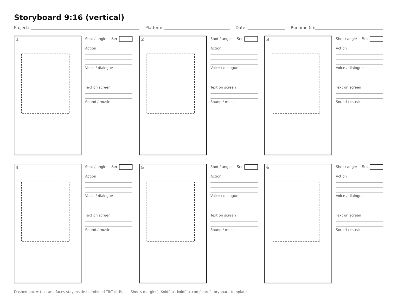 Blank 9:16 vertical storyboard sheet on US Letter paper: six numbered frames, each with lines for shot, action, voice and on-screen text and a box for seconds, and a dashed safe box inside every frame