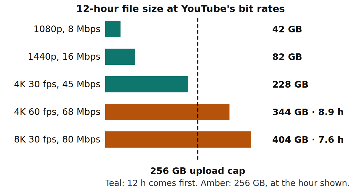 Bar chart of 12 hour file sizes at YouTube bit rates: 1080p 42 GB, 1440p 82 GB, 4K 30 fps 228 GB, 4K 60 fps 344 GB, 8K 404 GB, with the 256 GB cap marked